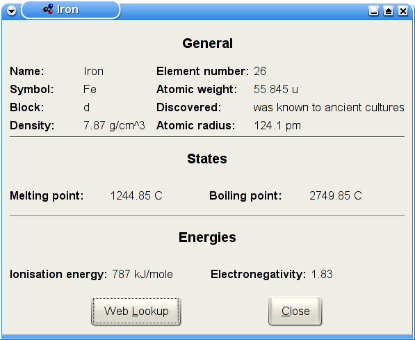 Capture d'écran 2 : information sur l'élément chimique Fer