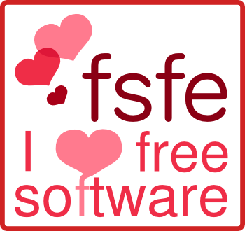 Banner con cuori del logo fsfe e il messaggio 'I love Free Software'