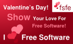 Banner with hearts saying “Show you love for Free Software – I love Free Software!”