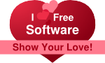 Cuore trasparente con “I love Free Software! – Show your love”