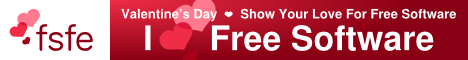 Banner met harten in aangepast FSFE-logo waar 'I love Free Software!' op staat