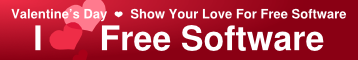 Banner con cuori che dice “I love Free Software!”