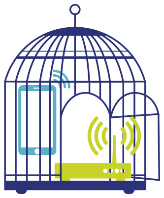 a bird cage with a router and a mobile phone imprisoned, both sending radio waves