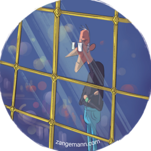 A round sticker of Zangemann protagonist in the children's book Ada and Zangemann - A tale of software, skateboards, and raspberry ice cream.