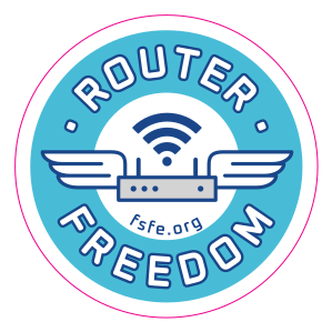 klistermærke der viser en router med vinger og et 'Router Frihed'-stempel.