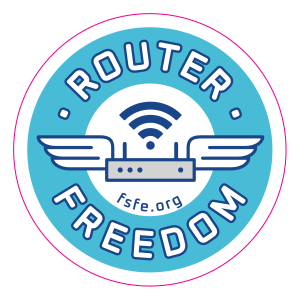 sticker showing a router with wings and a ‘Router Freedom’ stamp.