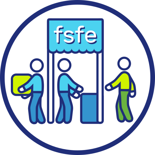 Icon of an FSFE booth with volunteers and audience