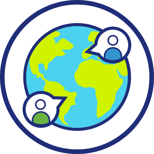 Icon with a globe and two vignettes with two people communicating from different places