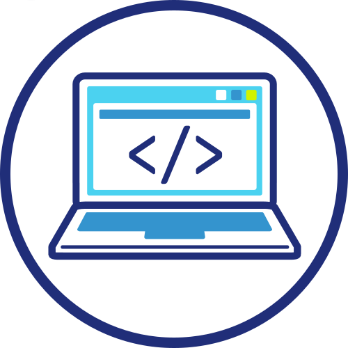 Icon of a laptop with a big HTML code sign