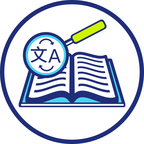 Icon with a book and magnifying glass highlighting two characters of different alphabets
