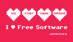 A sticker with 4 pixeled hearts, labelled with use, study, share, improve.